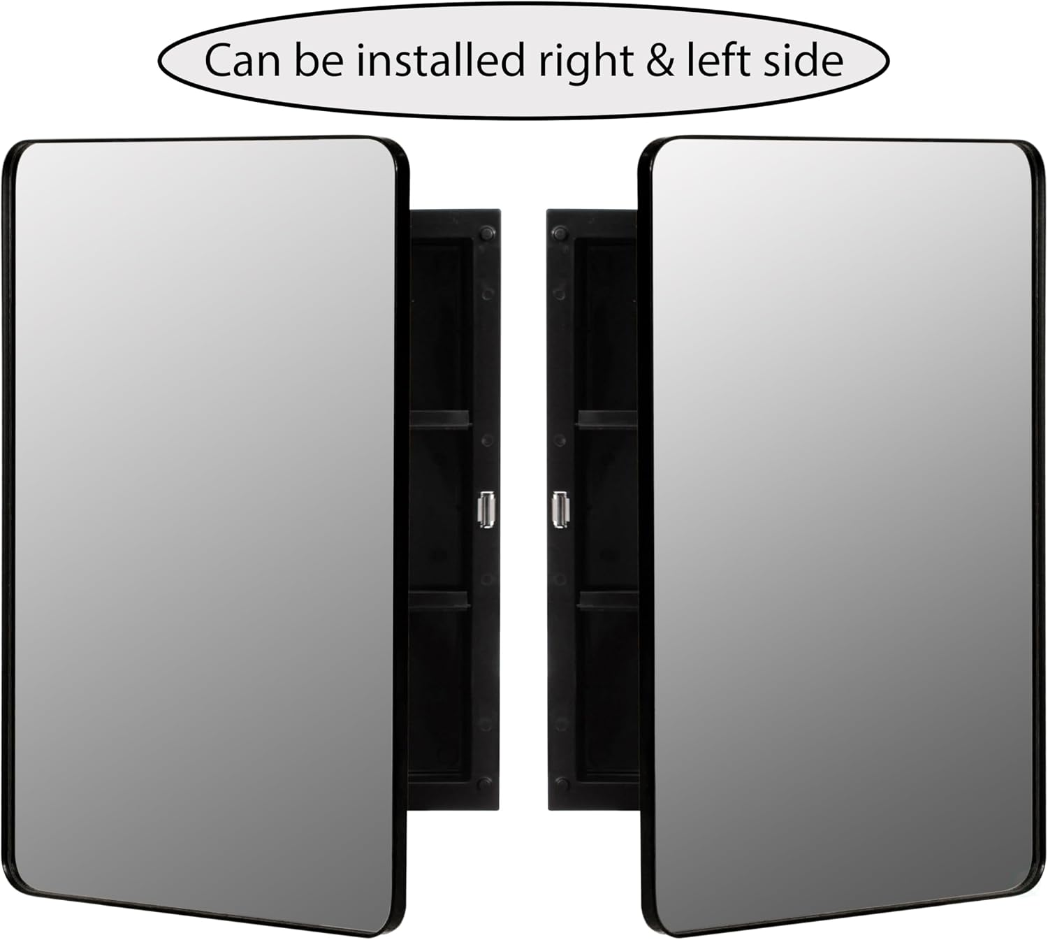 Basicwise Plastic Medicine Cabinet with Beveled Edge Mirror Door and Round Corner Metal Frame, Surface or Recessed Mount Options, Bathroom Wall Mounted Vanity Cabinet with 2 Adjustable Shelves, Black