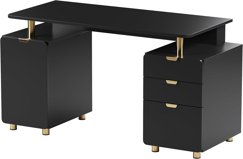 Elegant 57' W Executive Desk with 3 Drawers and Storage Cabinet, Modern Office Desk with Gold Accents, Floating Work Surface, Closed Storage with Ventilation & Adjustable Shelf (Black,Gold)