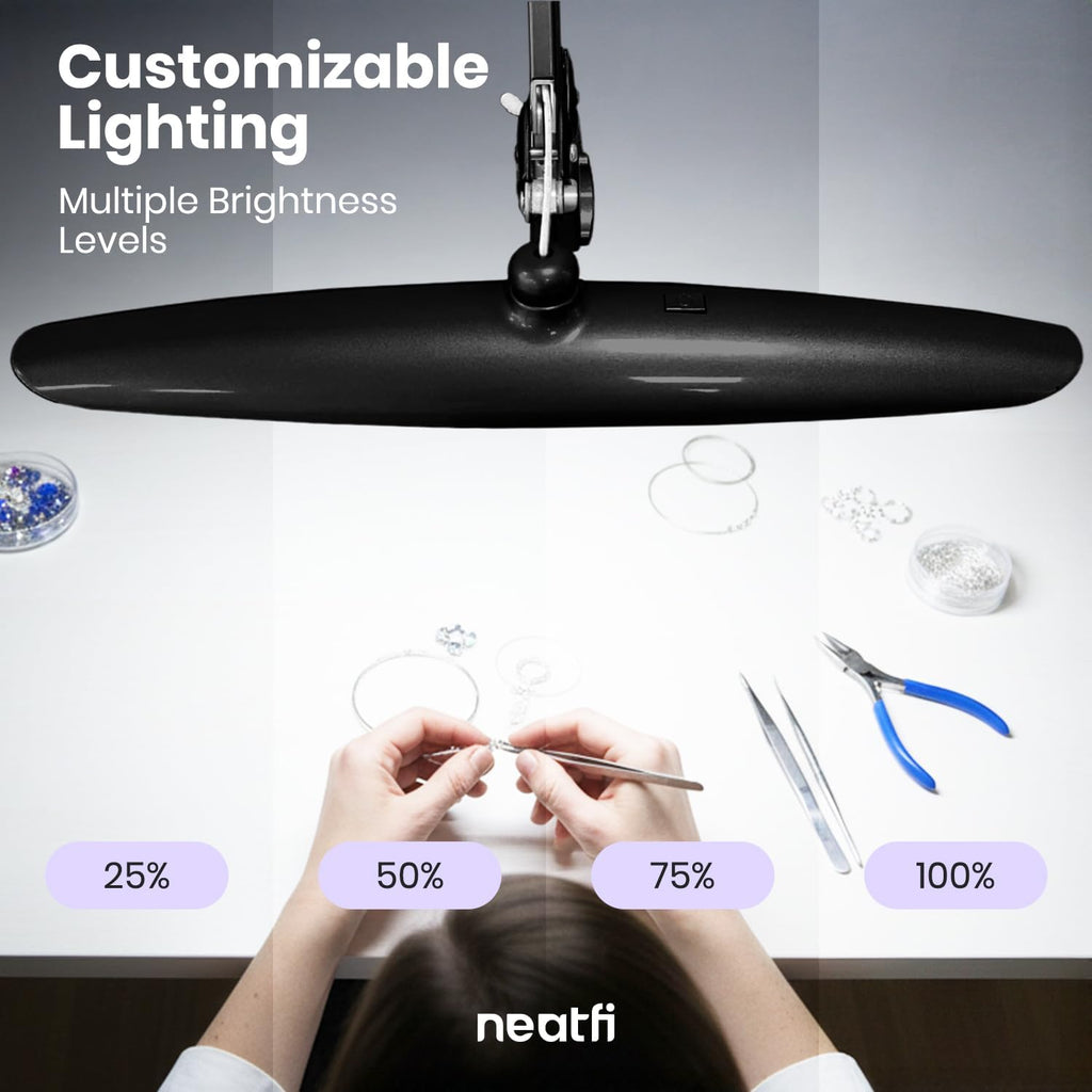 Neatfi XL 2200 Lumens 24W LED Desk Lamp – Shadow-Free Task Lighting | 4-Level Dimming | Home Office & Crafts Use | 20-Inch Wide Head (Black, Non-CCT with Clamp)