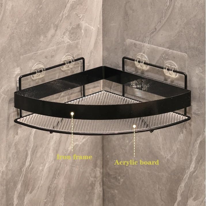 2-Pack Corner Shower Caddy - Wall Mounted Acrylic Storage Rack with Hooks, No Drilling Triangle Shelves, Metal Fence Organizer for Bathroom - Black Shower Shelf