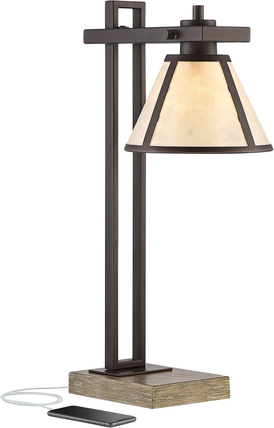 Franklin Iron Works Maricopa Rustic Farmhouse Desk Table Lamp with USB and AC Power Outlet in Base 21.25' High Bronze Wood Mica Shade for Cottage Core Living Room Bedroom House Bedside Nightstand