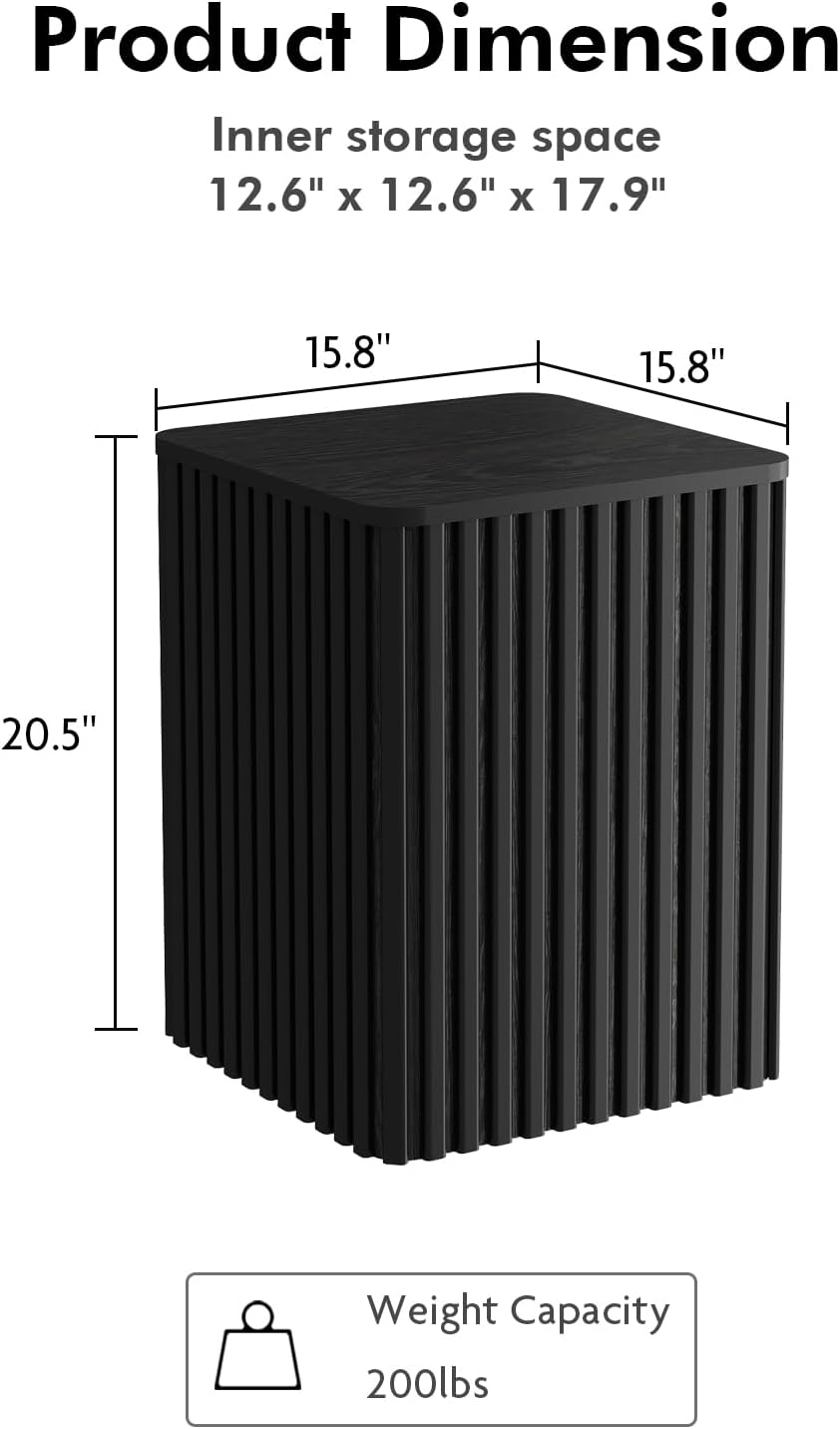 Set of 2 Fluted Side Table with Storage Small Square End Table with Solid Wood Veneer Top Accent Table Modern Farmhouse Pedestal Drink Table for Couch Sofa Living Room,Black