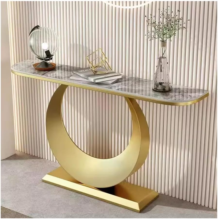 GRRICEPL Console Table with Circle Base, Slate Side Table, Living Room Sofa Side Table, Metal Frame Bedroom Bedside Table(Gold-B,100X30X80 CM)