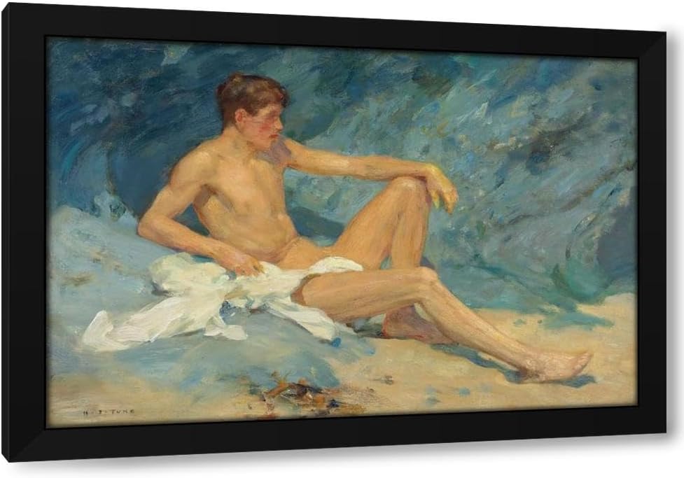 Henry Scott Tuke 48x32 Huge Black Modern Framed Art Print Titled: A Male Nude Reclining on Rocks