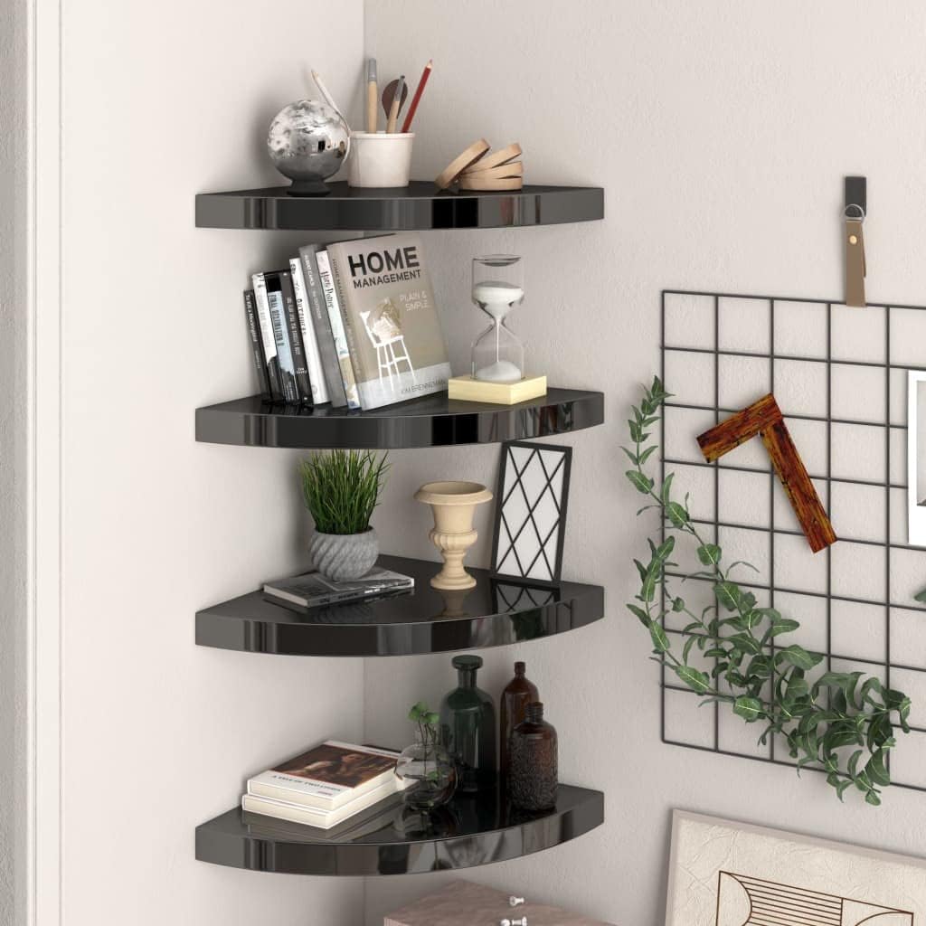 Floating Corner Shelves 4 pcs,Wall Mounted Shelf,Display Ledge,for Storage,Bedroom Living Room Office and More High Gloss Black 13.8'x13.8'x1.5' MDF