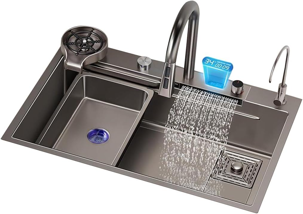 Kitchen Sinks, Single Bowl Stainless Steel Kitchen Waterfall Sink Pool Single Bowl Sink Table Basin with Cup Washer Faucet Siphon Home Commercial Beautiful (75 * 45 * 21Cm