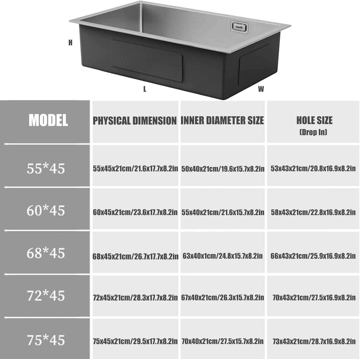 Square Brushed Single Bowl Prep Bar Sink 304 Stainless Steel Kitchen Sink with Faucet & Drain Assembly Drop in Or Undermount (Color : D-Have Faucet, Size : 75x45x21cm) (Dhave Faucet 68x45x21cm)