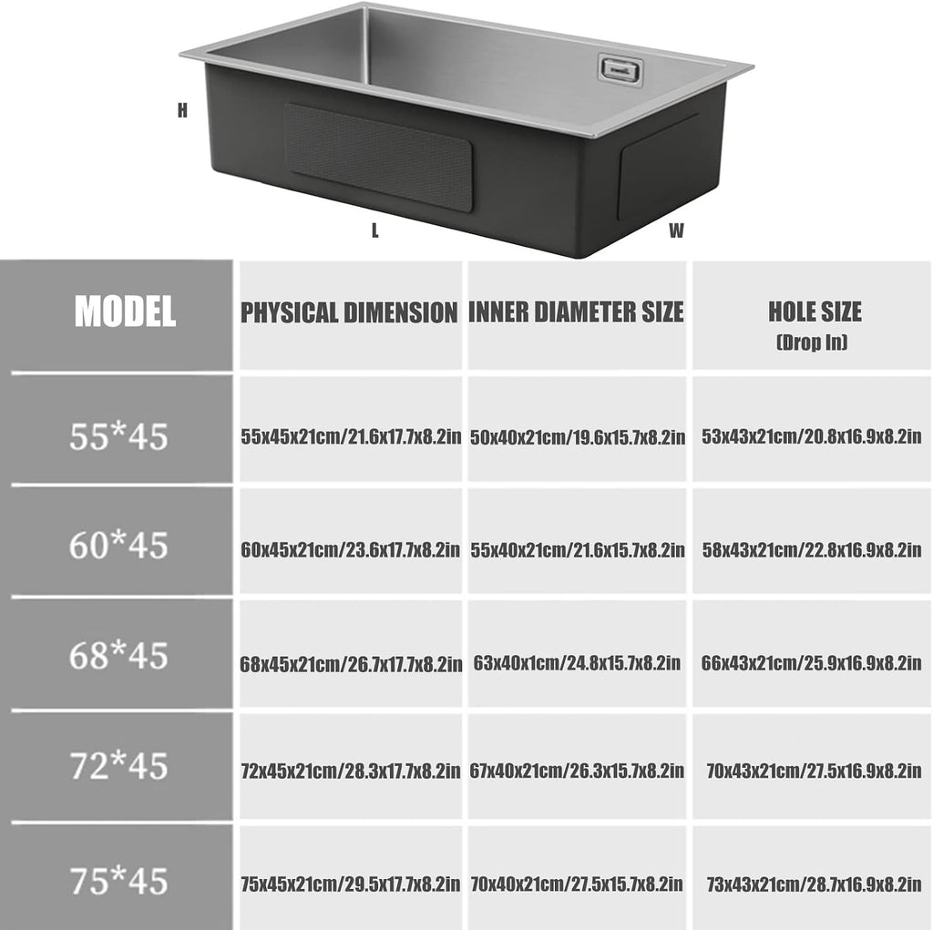 Square Brushed Single Bowl Prep Bar Sink 304 Stainless Steel Kitchen Sink with Faucet & Drain Assembly Drop in Or Undermount (Color : D-Have Faucet, Size : 75x45x21cm) (Chave Faucet 60x45x21cm)