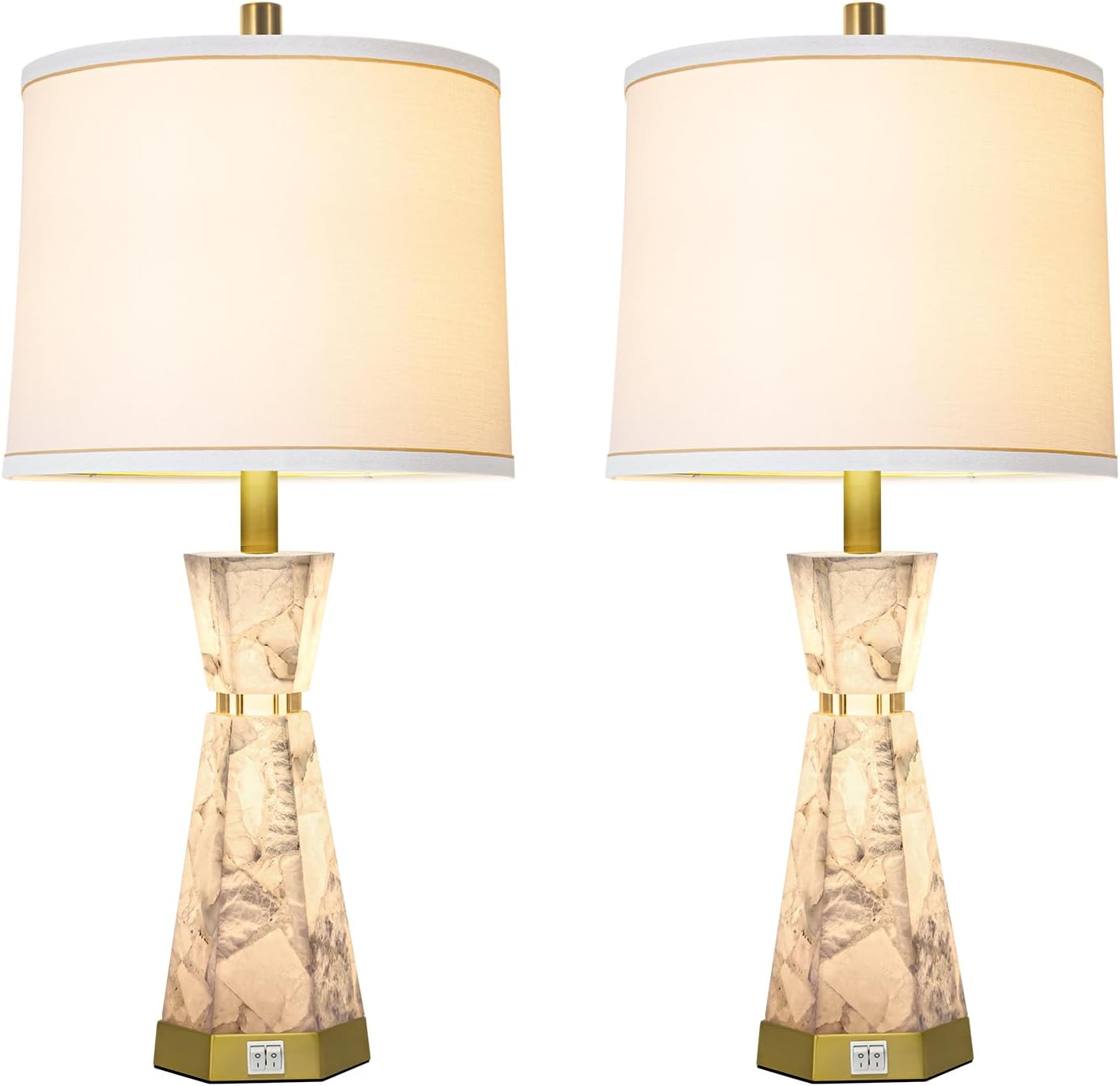 Natural Alabaster Table Lamp,Living Room Lamps Set of 2,Nightstand Lamp with Night Light,Lamps for Living Room With Linen Fabric Shade,Bedside Lamp with Usb A+C Ports for Bedroom,Hotel(Bulb Included)