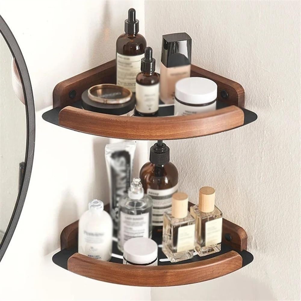 Corner Shower Caddy Bathroom Shelves, Wall-Mounted Triangle Organizer with Wood Guardrail, Light Luxury Walnut Shelves for Kitchen and Bathroom Storage(Walnut)