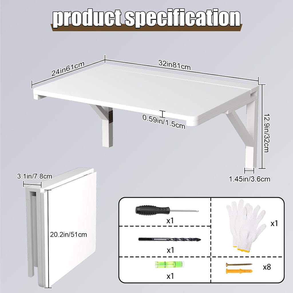 MM MELISEN Wall Mounted Folding Table, 80x60cm, White, Space-Saving Design
