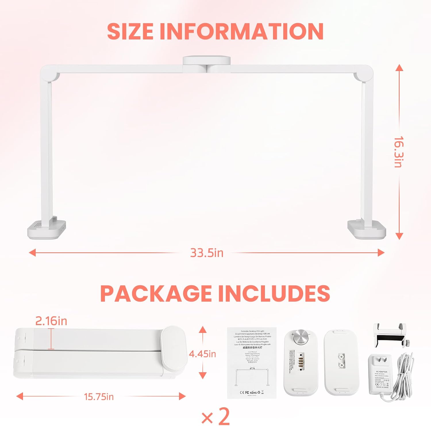 Half Moon Light for Nail Desk, Large Square Table Lamp Suitable for Manicures, Tattoos, Eyelash Extensions, and Sewing, Desk Light with Phone Holder and Charging Port, White, 2 Packs