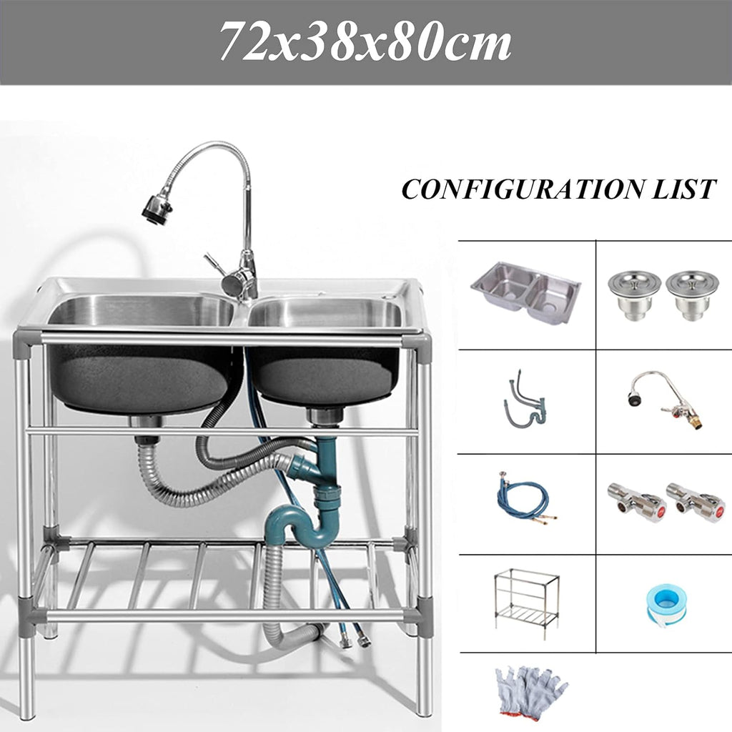 Free Standing Movable Commercial Sink with Faucet and Drainage Kit, Stainless Steel Kitchen Double Bowl Sink for Outdoor Indoor Garage Laundry Utility Room Basement