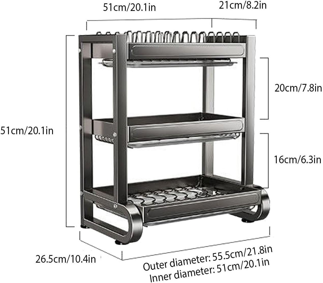 Multifunctional Kitchen Countertop Dish Utensil Holder,Stainless Steel Storage Shelf Home Kitchen,for Storage and Organization,for Dishes, Glasses, Bowls(Triple Layer Gray,55cm/21.8in)