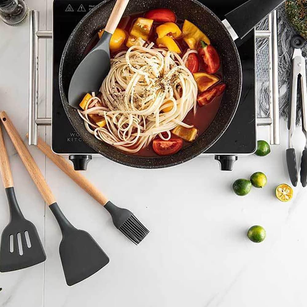 Silicone Kitchenware Cooking Utensils Set Non-stick Cookware Spatula Shovel Egg Beaters Wooden Handle Kitchen(black-JoJo's Bizarre Adventure1)
