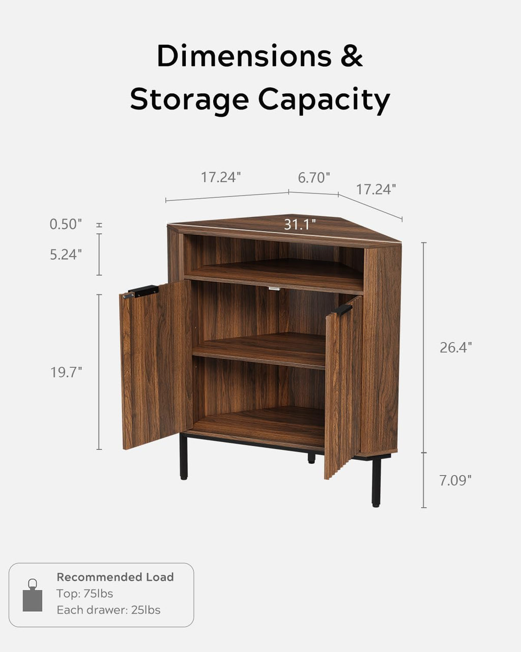 EYYTHUNG Fluted Corner Cabinet with Open Storage, Modern Small Corner Floor Cabinet with 2 Doors & Adjustable Shelf, Wooden Narrow Storage Organizer for Small Space,Living Room, Dining Room, Brown