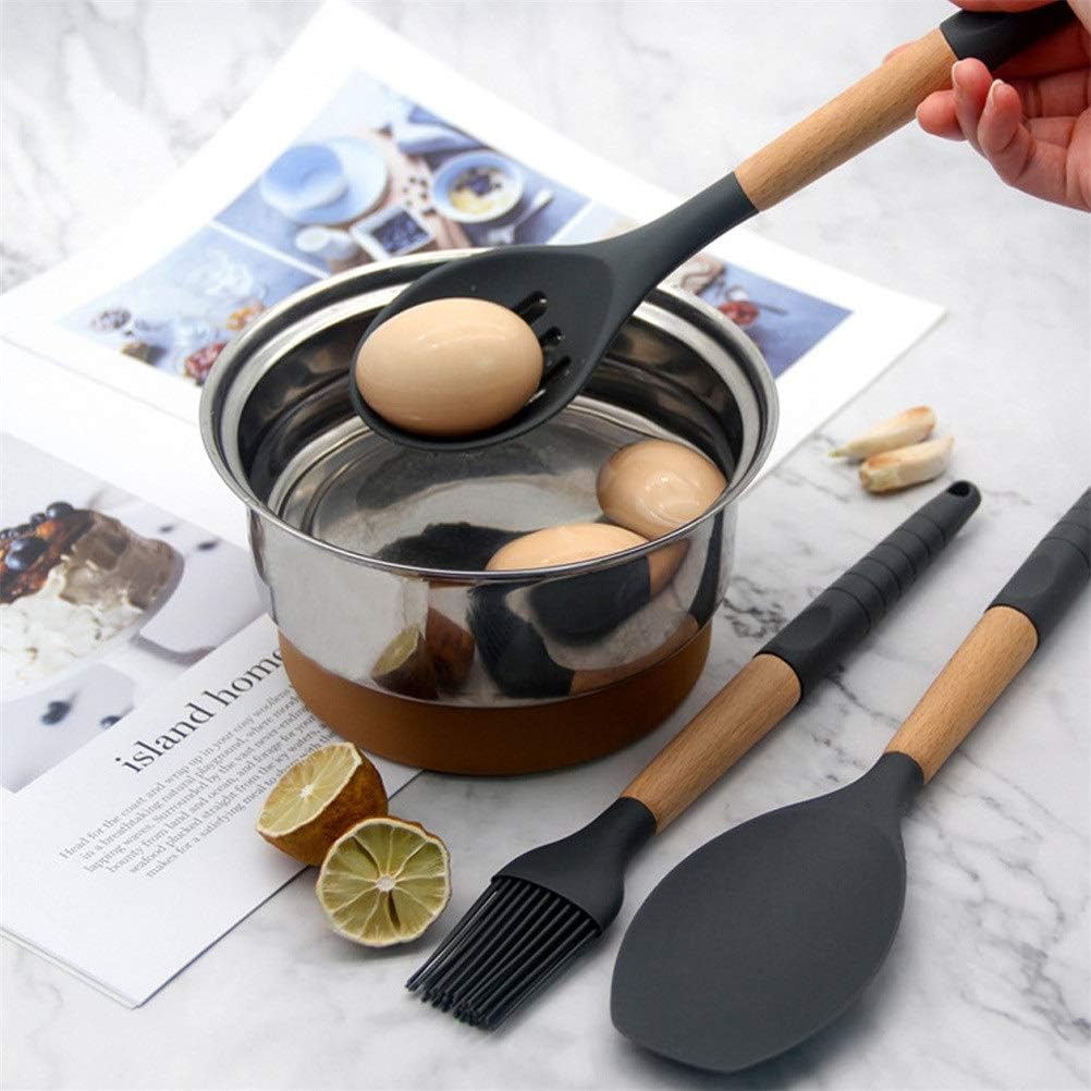 Kitchen Utensils Set,Silicone Wood Soup Spoon Spatula Brush Scraper Black Kitchen Cooking Tools Kitchenware Kitchen Utensil Storage Box (Color : 6PCS) (Color : 6pcs)