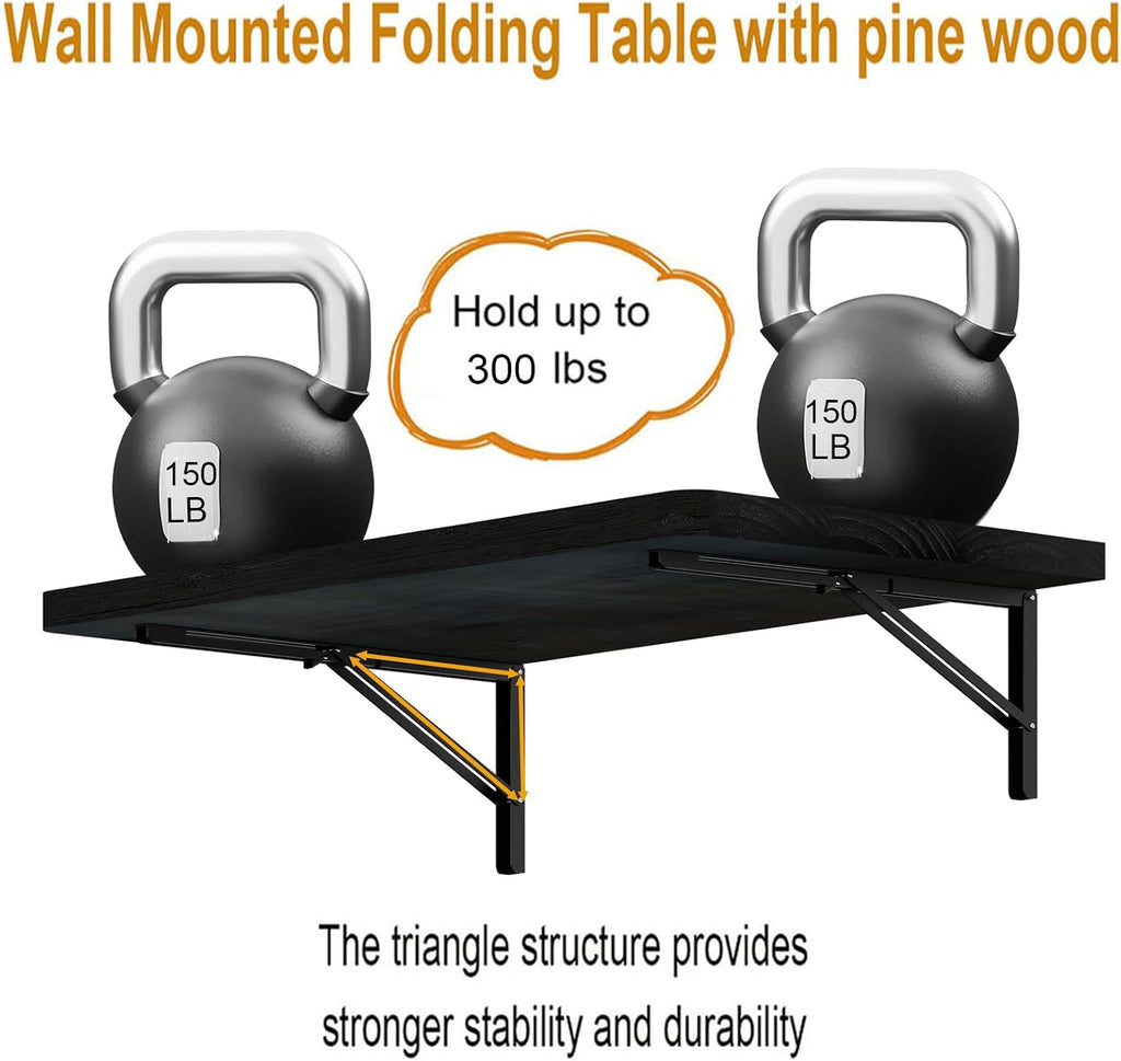 IAE Floating Wall Mounted Folding Table Desk with Pine Wood,36' x 22' Folding Workbench,Fold Down wall Mounted Foldable Table with Shelf Brackets,Laundry Folding Table for Apartment,Home,Kitchen,Black