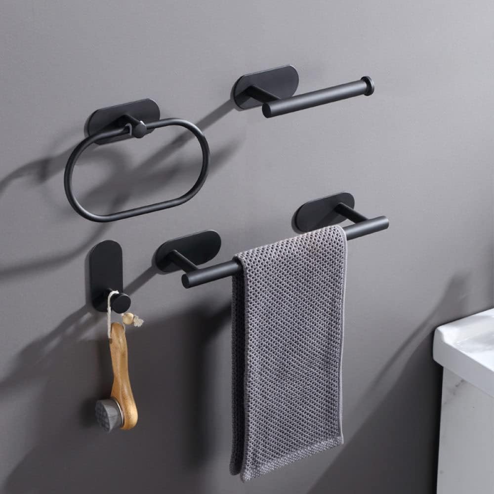 No Drilling Stainless Steel Self-Adhesive Towel Bar Paper Holder Robe Hook Towel Ring Black Silver Gold Bathroom Accessories Set,Black 4PCS Set