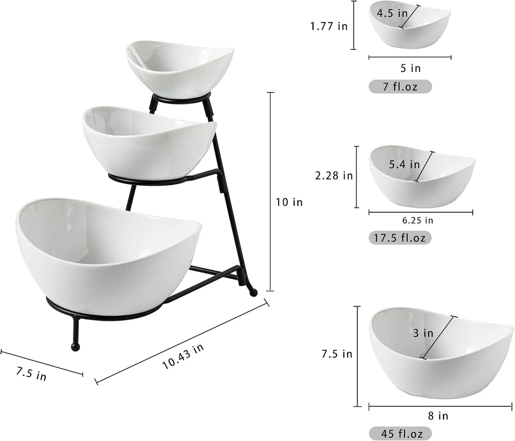 Gomakren Serving Bowls with Handles, 15/28/47 oz and 3 Tiered Oval Serving Bowl With Collapsible Metal Rack and 3 Tier Serving Trays Stand 14 Inches White Platters