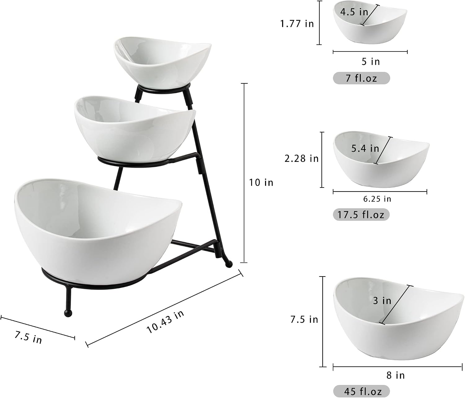 Gomakren Serving Bowls with Handles, 15/28/47 oz and 3 Tiered Oval Serving Bowl With Collapsible Metal Rack and 3 Tier Serving Trays Stand 14 Inches White Platters
