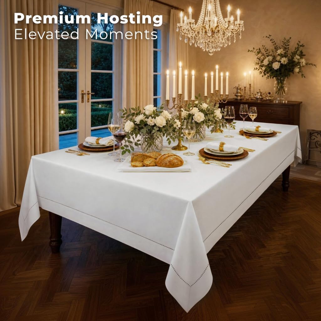 Signature Linen™ by D'Moksha White Tablecloth, Rectangle Tablecloth 60 x 108 Inch, 100% Pure Linen, Hemstitch, Machine Washable Table Cloth for Dining- Summer