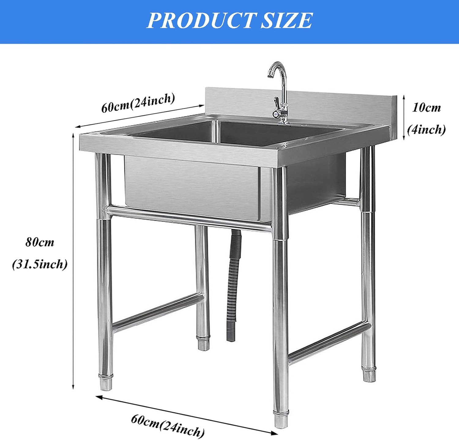 Stainless Steel Prep Utility Sink 1 Compartment Commercial Kitchen Sink with Faucet and Back Splash, Free Standing Utility Prep Single Bowl Sink for Restaurant, Laundry, Garage