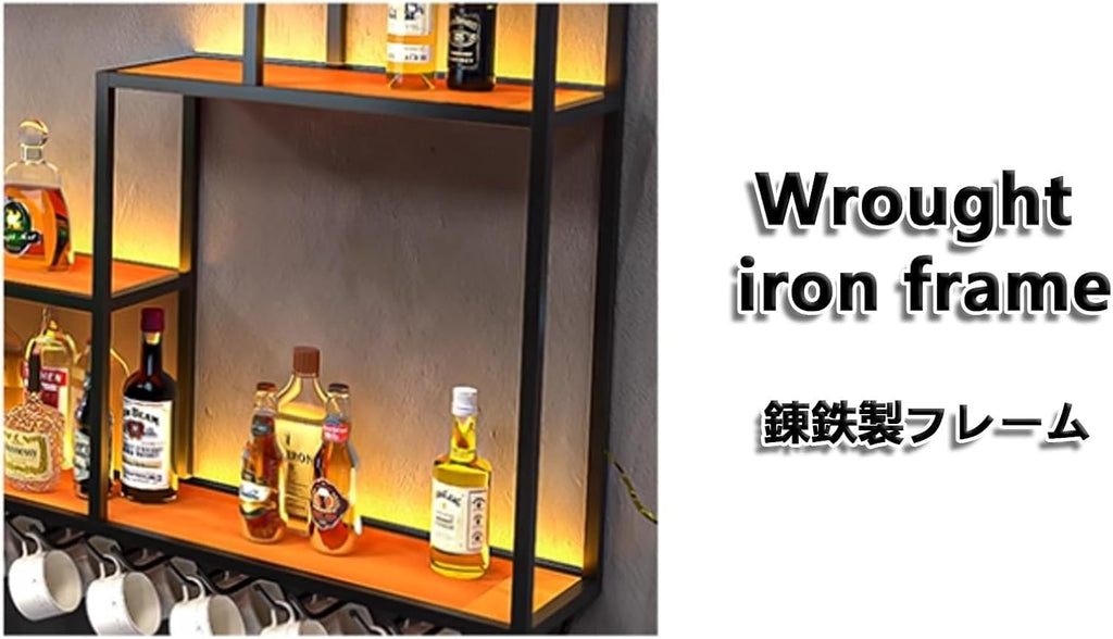 Wall Mounted Wine Rack with LED Lights, Large Heavy Duty Iron with Wine Glass Holds, Floating Shelf for Kitchen Home Bar, Industrial Metal Whiskey Display