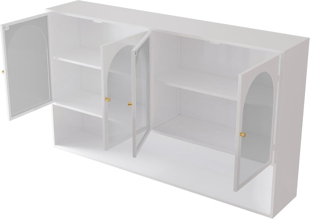 Retro Style Tempering Glass Door Wall Cabinet with Detachable Shelves and Open Shelves，for Office Dining Room,Living Room, Kitchen and Bathroom.White