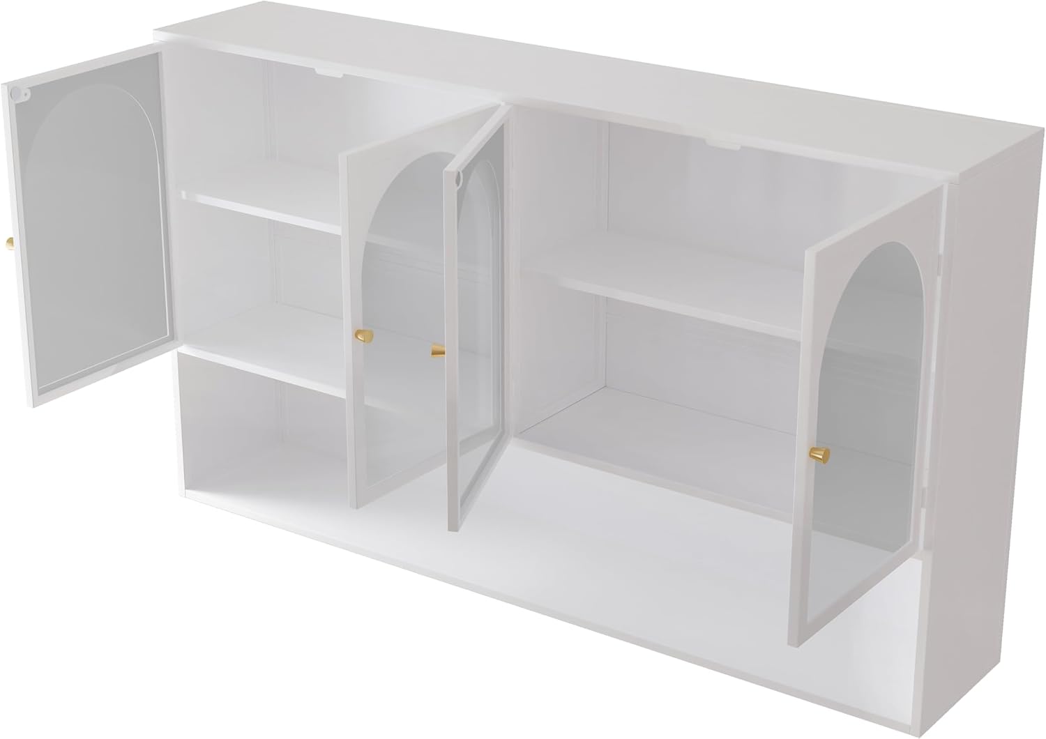 Retro Style Tempering Glass Door Wall Cabinet with Detachable Shelves and Open Shelves，for Office Dining Room,Living Room, Kitchen and Bathroom.White