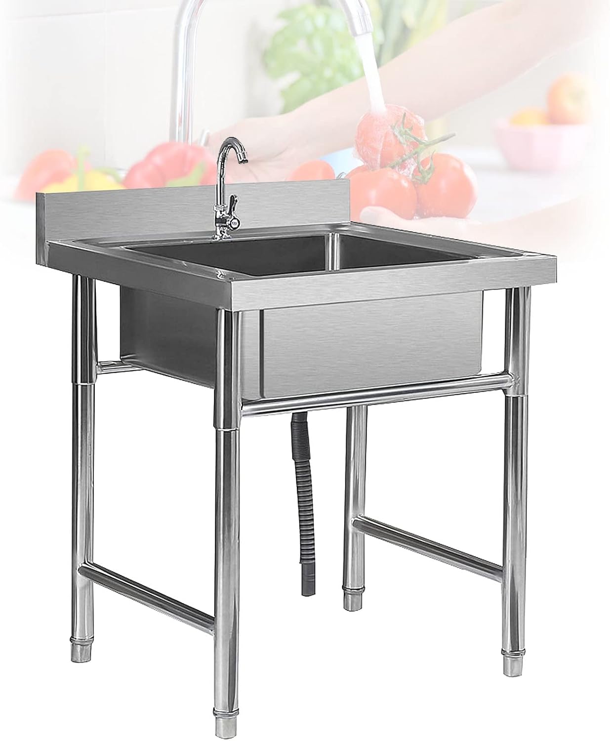 Free Standing Single Bowl Sink Stainless-Steel Commercial Restaurant Kitchen Utility Sink Set with Faucet, Washing Hand Basin Laundry Tub for Indoor Outdoor