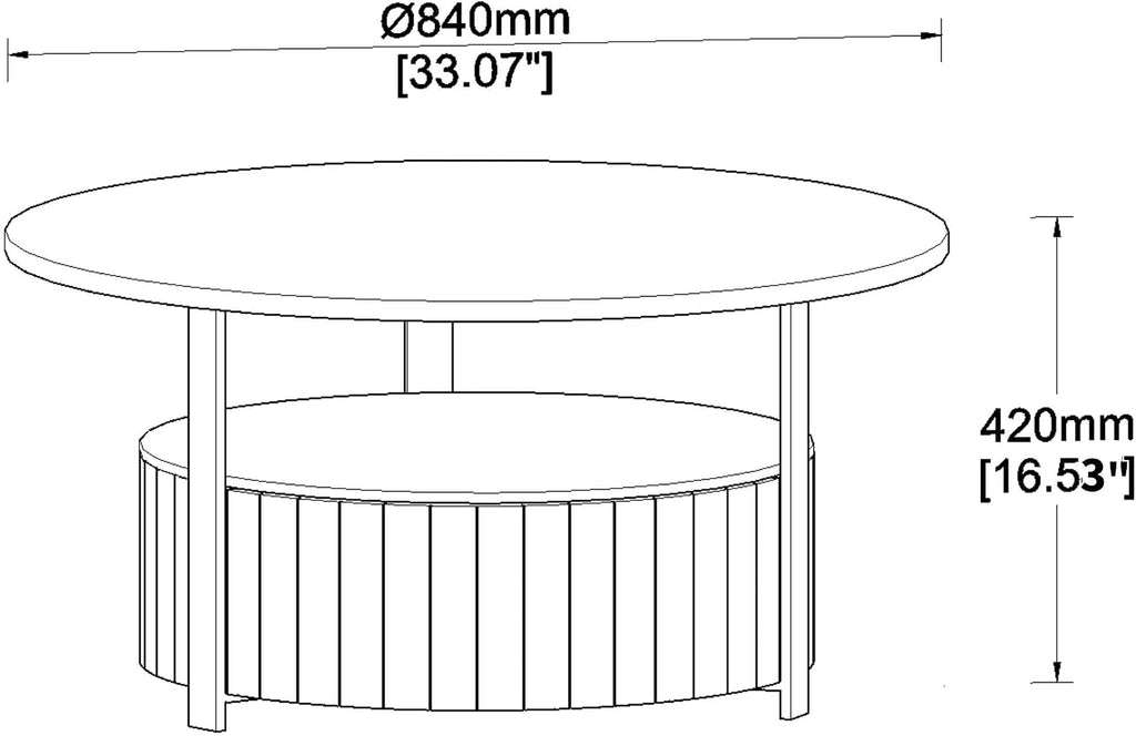 33' Round Coffee Table with Storage, Solid Wood 2 Tier Mid Century Modern Coffee Table with Drawer, Circle Fluted Center Table for Living Room Home Office Small Space, Black