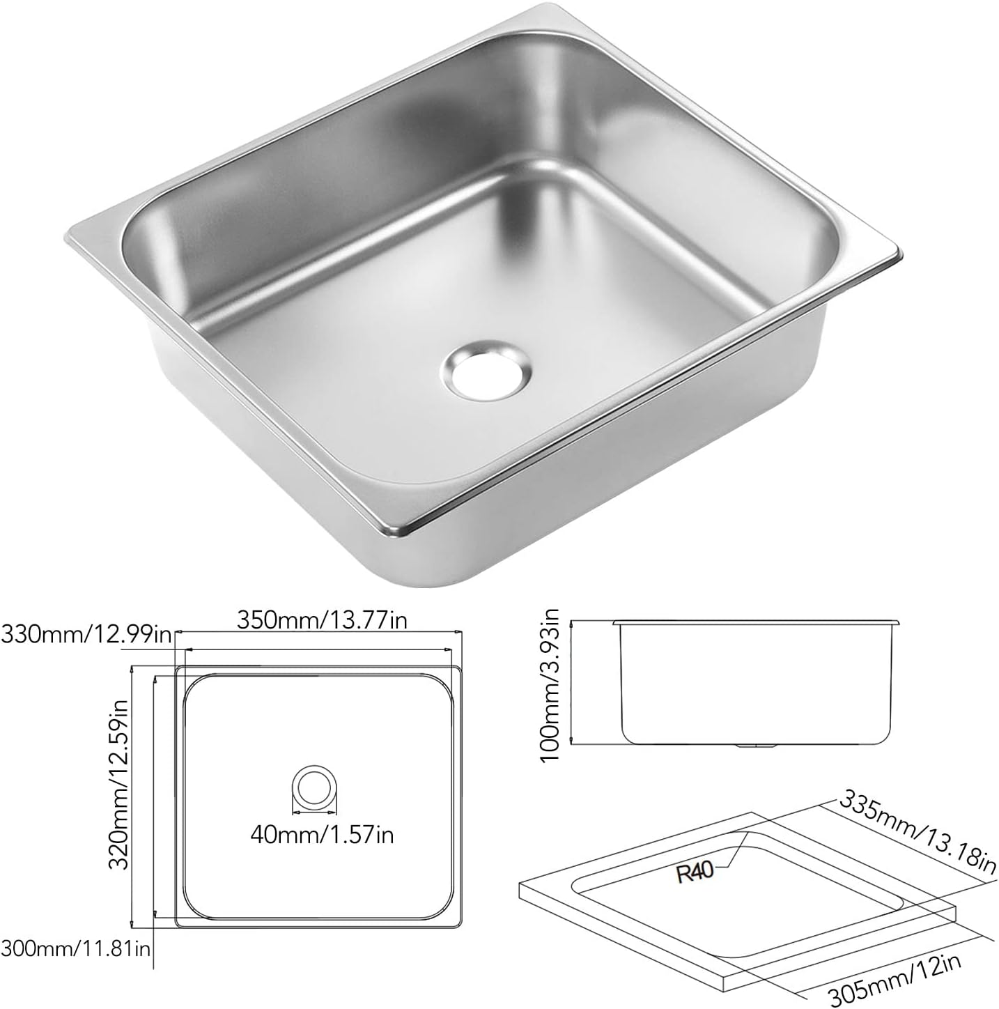Single Sink Bowl, Fast Discharge Undermount Single Sink, Square Stainless Steel Kitchen Sink for RV Yacht Bathroom