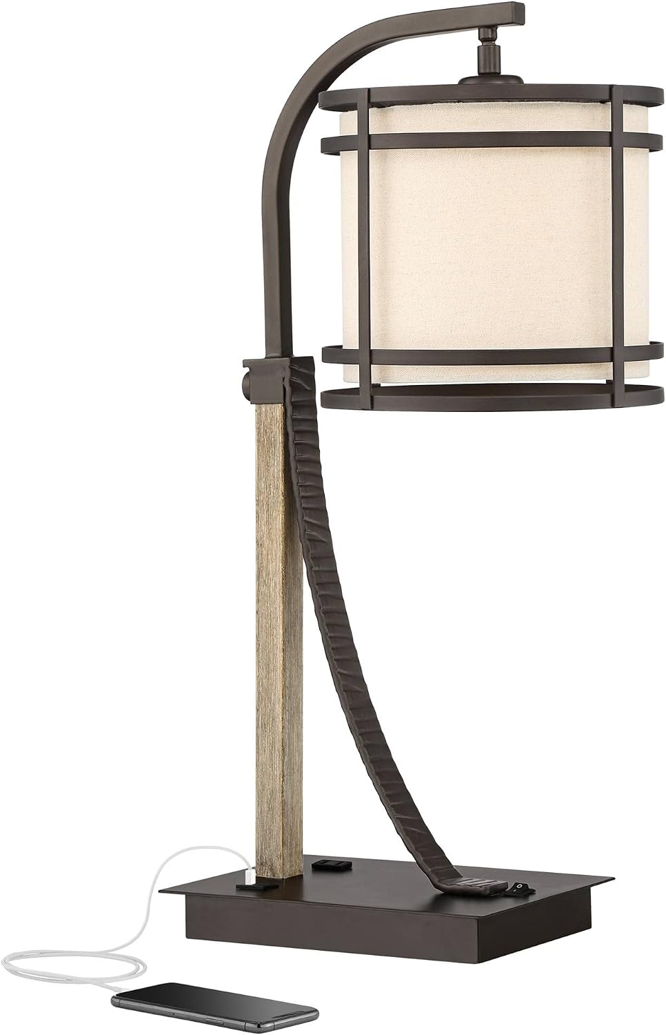 Franklin Iron Works Gentry Industrial Desk Table Lamp 22' High with USB and AC Power Outlet in Base Oil Rubbed Bronze Faux Wood Metal Cage Oatmeal Drum Shade for Cottage Core Bedroom Desk