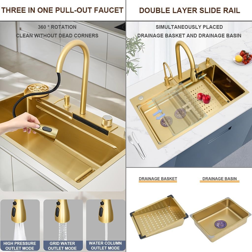 Stainless Steel Single-Bowl Waterfall Sink Multi-functional Golden Kitchen Workstation Sink With Pull-Out Faucet Cup Washer Complete Accessory Set Dual-Mount ( Color : Gold , Size : 75x45x22cm ) (