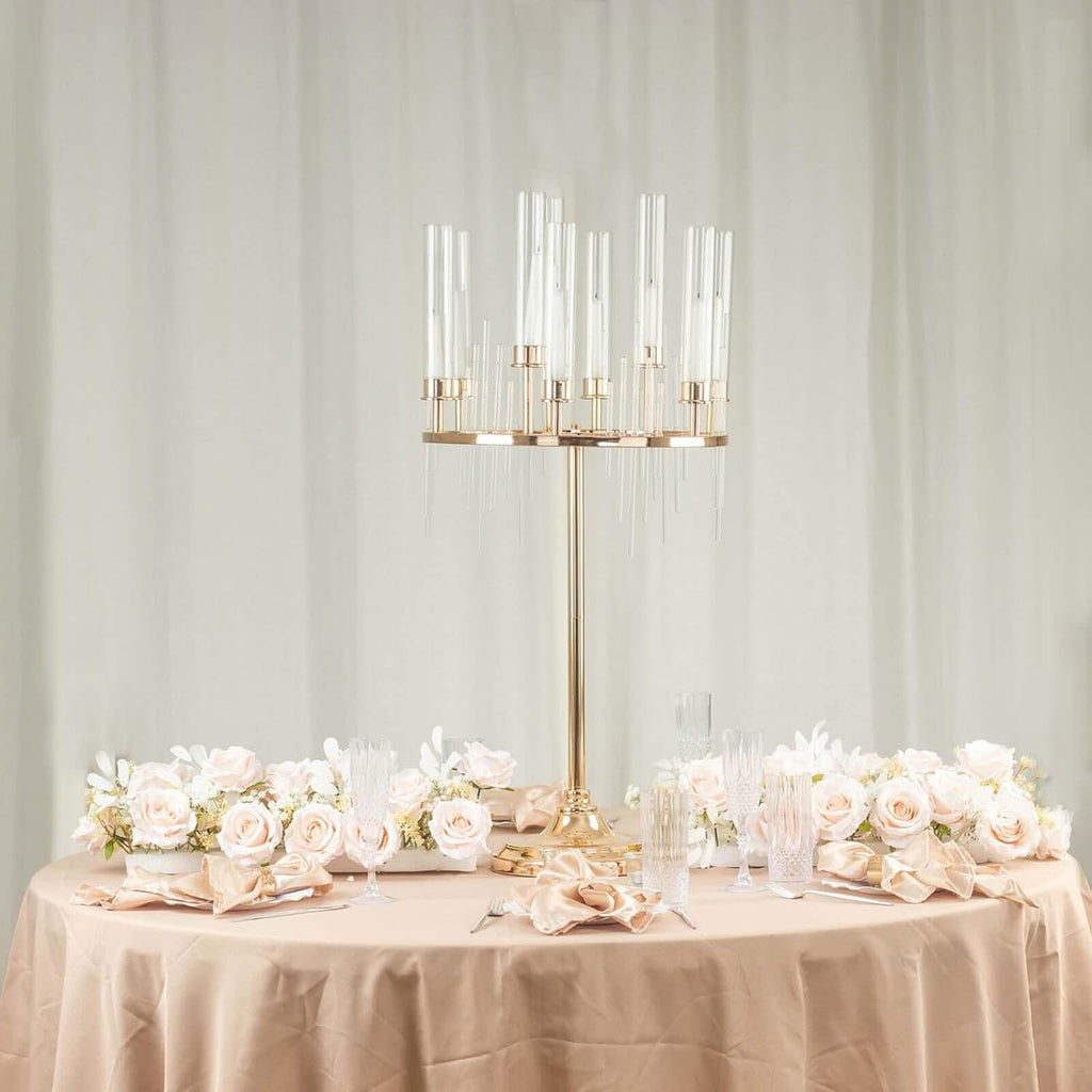 Efavormart 40' Tall 9-Arm Gold Candelabra Centerpiece, Luxury Taper Candle Holder with Clear Glass Hurricane Shades & Crystal Drip Accents for Weddings