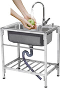 Free-Standing Single Bowl Sink Commercial Restaurant Bar Sink 304 Stainless Steel Sink for Prep Utility Washing Hand Basin Laundry Outdoor Protable