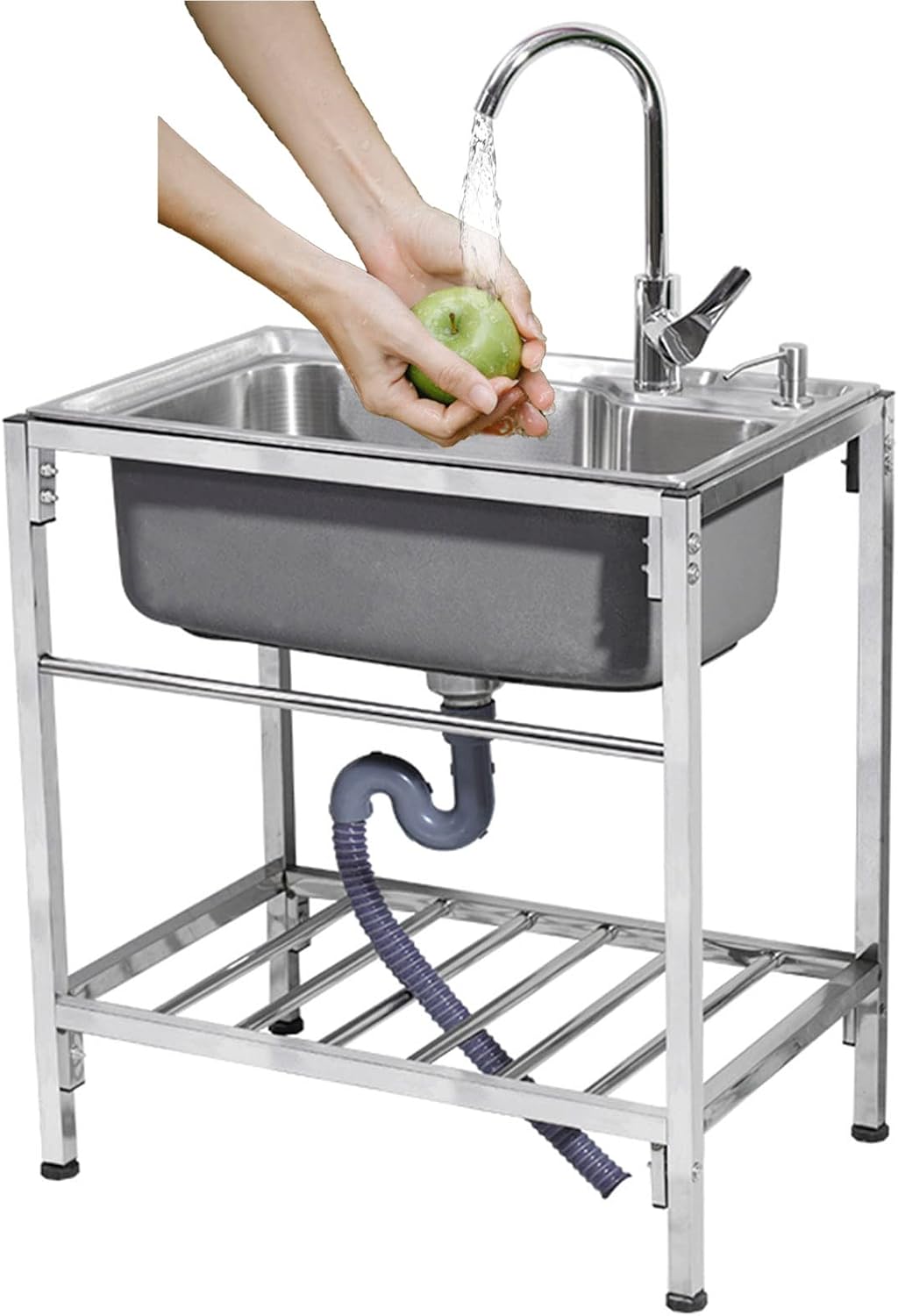 Free-Standing Single Bowl Sink Commercial Restaurant Bar Sink 304 Stainless Steel Sink for Prep Utility Washing Hand Basin Laundry Outdoor Protable