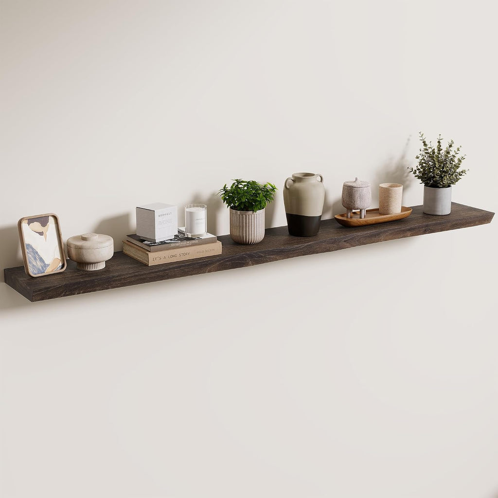 Axeman 55 inch Floating Shelves for Wall - 8'' D Live Edge Rustic Solid Elm Wood Floating Shelves Wall Mounted, Hanging Shelves with Invisible Bracket for Living Room Bedroom Kitchen, Walnut