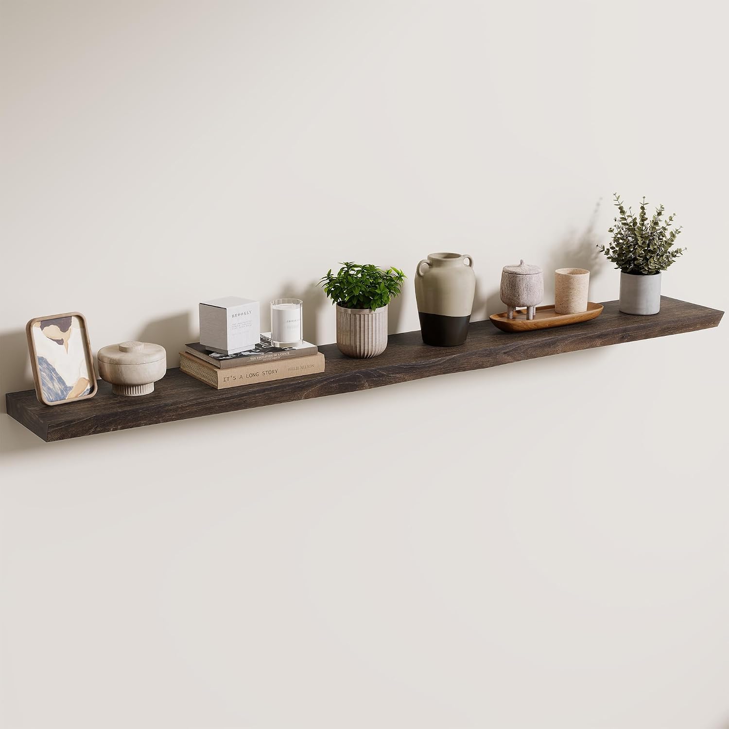 Axeman 55 inch Floating Shelves for Wall - 8'' D Live Edge Rustic Solid Elm Wood Floating Shelves Wall Mounted, Hanging Shelves with Invisible Bracket for Living Room Bedroom Kitchen, Walnut