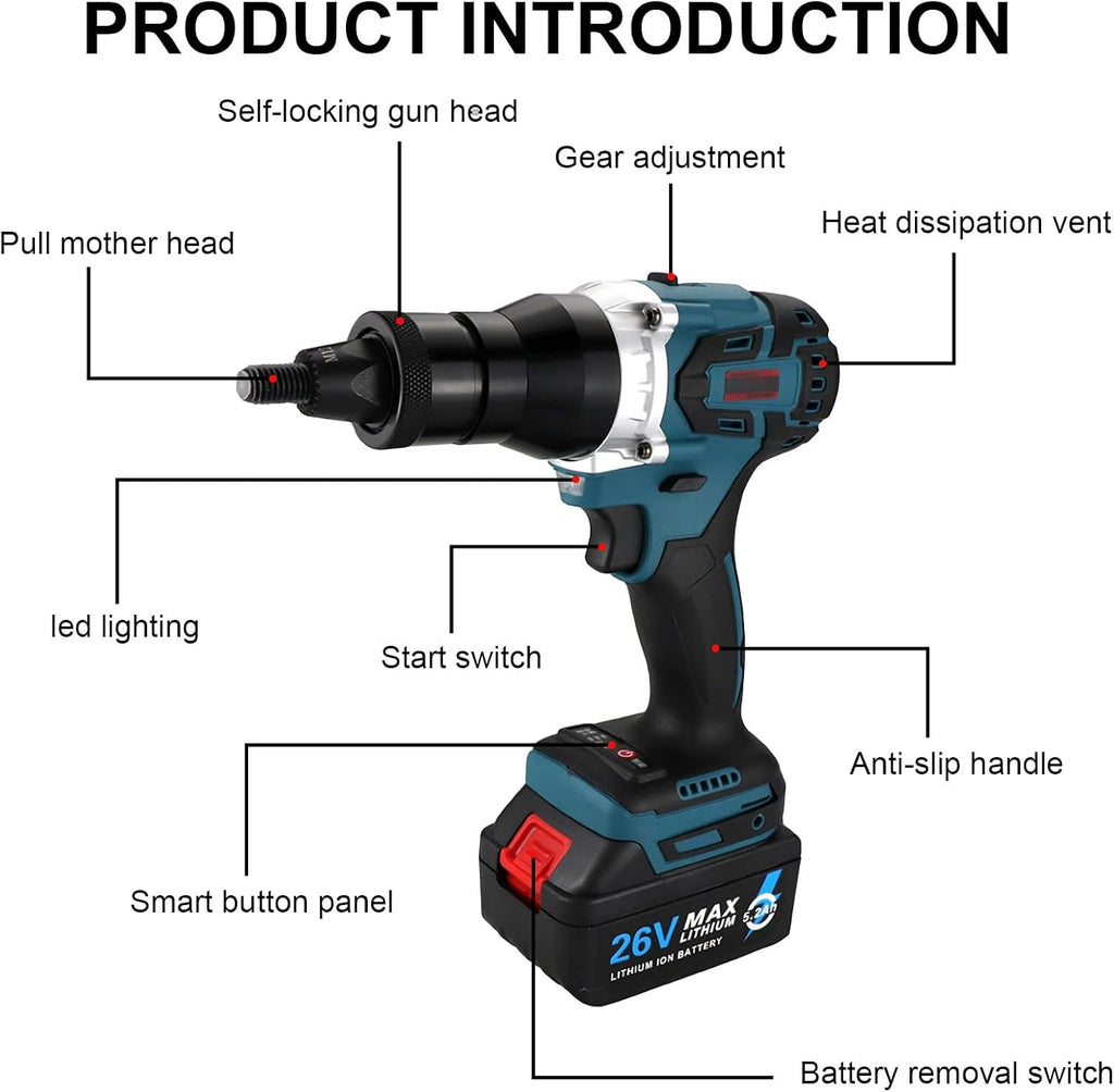 Cordless Rivet Nut Tool Set, Portable Battery Powered Pop Rivet Nut Insert Installation Tool, for Rivet Nuts Made of Aluminum, Iron