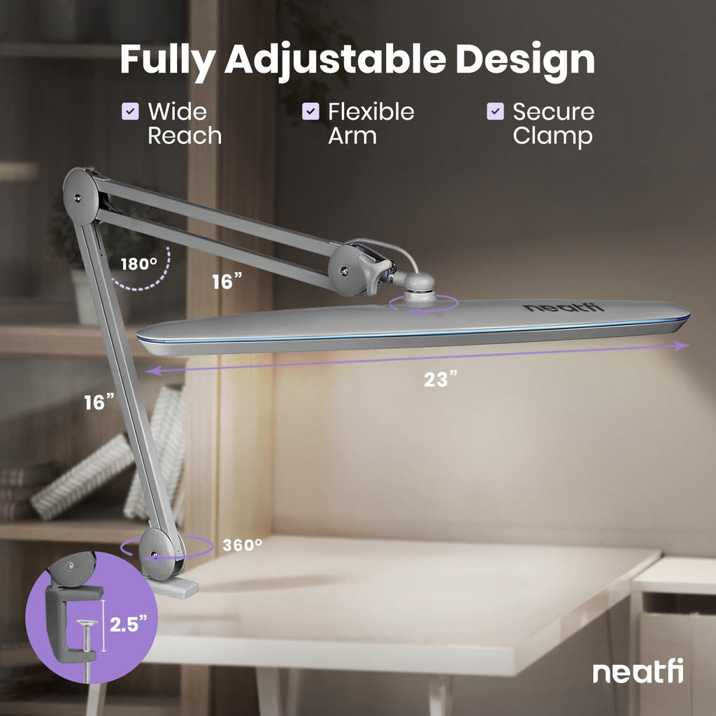 Neatfi XL 2,200 Lumens 24W LED Desk Lamp – 23' Wide Shade | Dimmable Eye-Caring Task Light | Adjustable Arm | Home Office, Study, Crafts & Nail Tech (Silver, Non-CCT with Clamp)