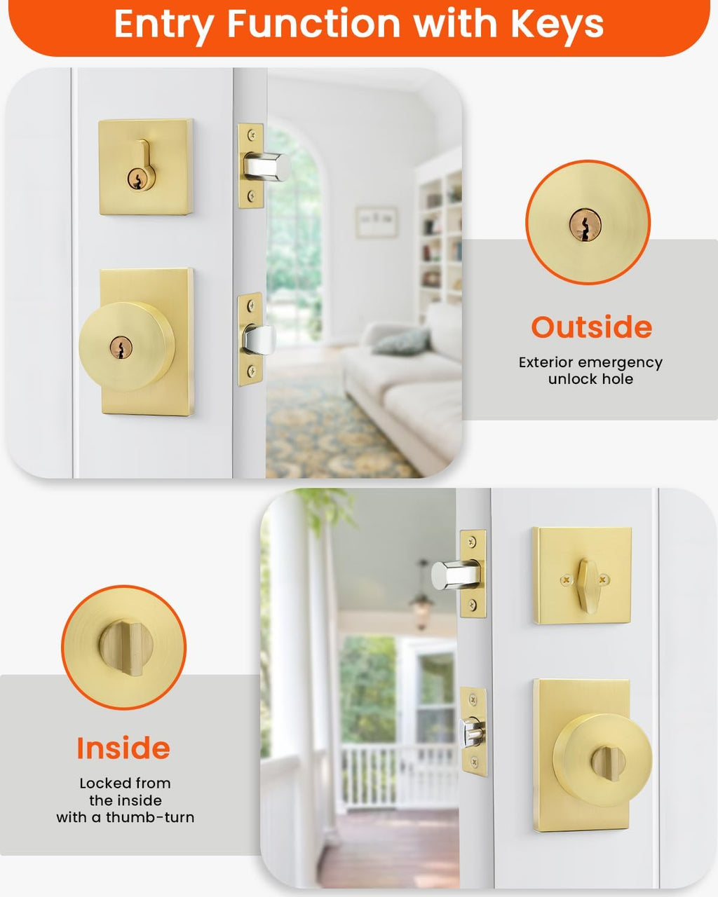 Haidms Gold Door Knob with Deadbolt, Zinc Alloy Brushed Gold Keyed Alike Exterior Door Lock Set,Heavy Duty Brushed Brass Front Door Knob and Deadbolt Set with Lock and Key, Reversible (2 Pack)