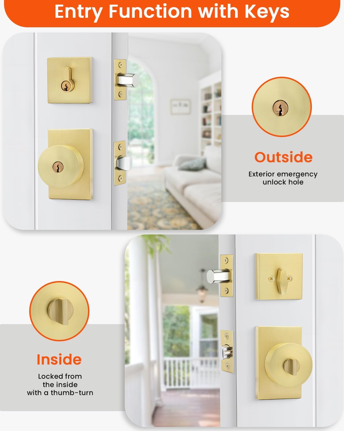 Haidms Gold Door Knob with Deadbolt, Zinc Alloy Brushed Gold Keyed Alike Exterior Door Lock Set,Heavy Duty Brushed Brass Front Door Knob and Deadbolt Set with Lock and Key, Reversible (2 Pack)