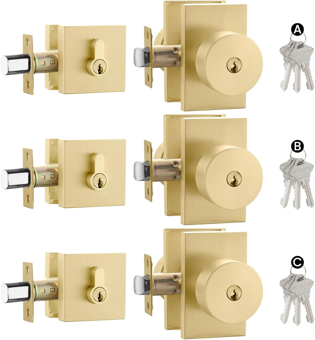 Haidms Gold Exterior Door Knob with Deadbolt, Zinc Alloy Brushed Gold Exterior Door Lock Set, Heavy Duty Brushed Brass Front Door Knob and Deadbolt Set with Lock and Key (3 Pack)