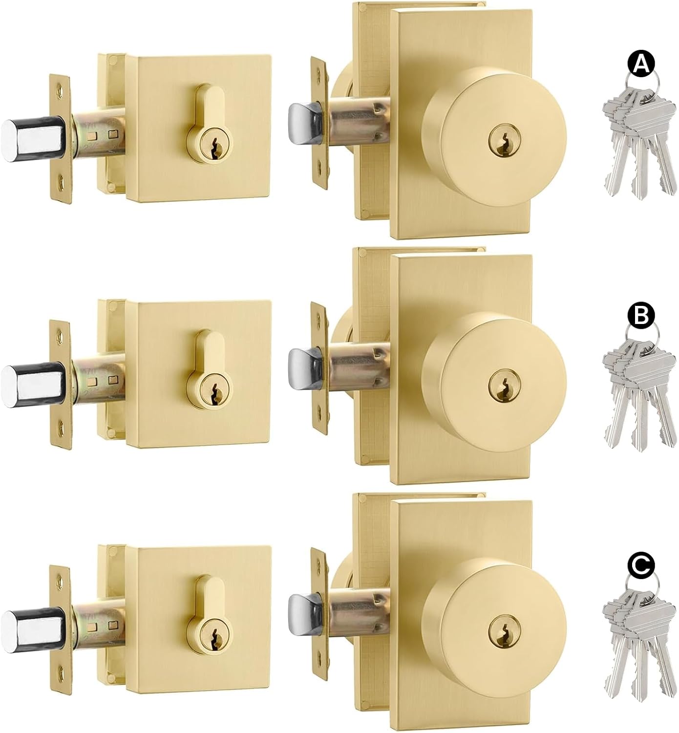 Haidms Gold Exterior Door Knob with Deadbolt, Zinc Alloy Brushed Gold Exterior Door Lock Set, Heavy Duty Brushed Brass Front Door Knob and Deadbolt Set with Lock and Key (3 Pack)