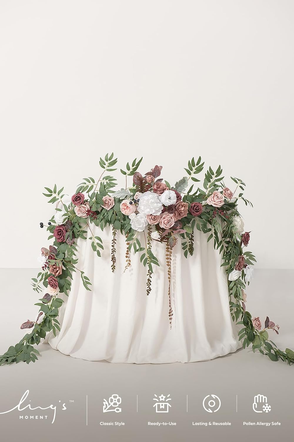 Ling's moment 9FT Eucalyptus and Willow Leaf Garland with White Flower, Handcrafted Wedding Sweetheart Table Centerpieces Head Table Decor Arch Backdrop Decorations for Wedding | Dusty Rose & Mauve