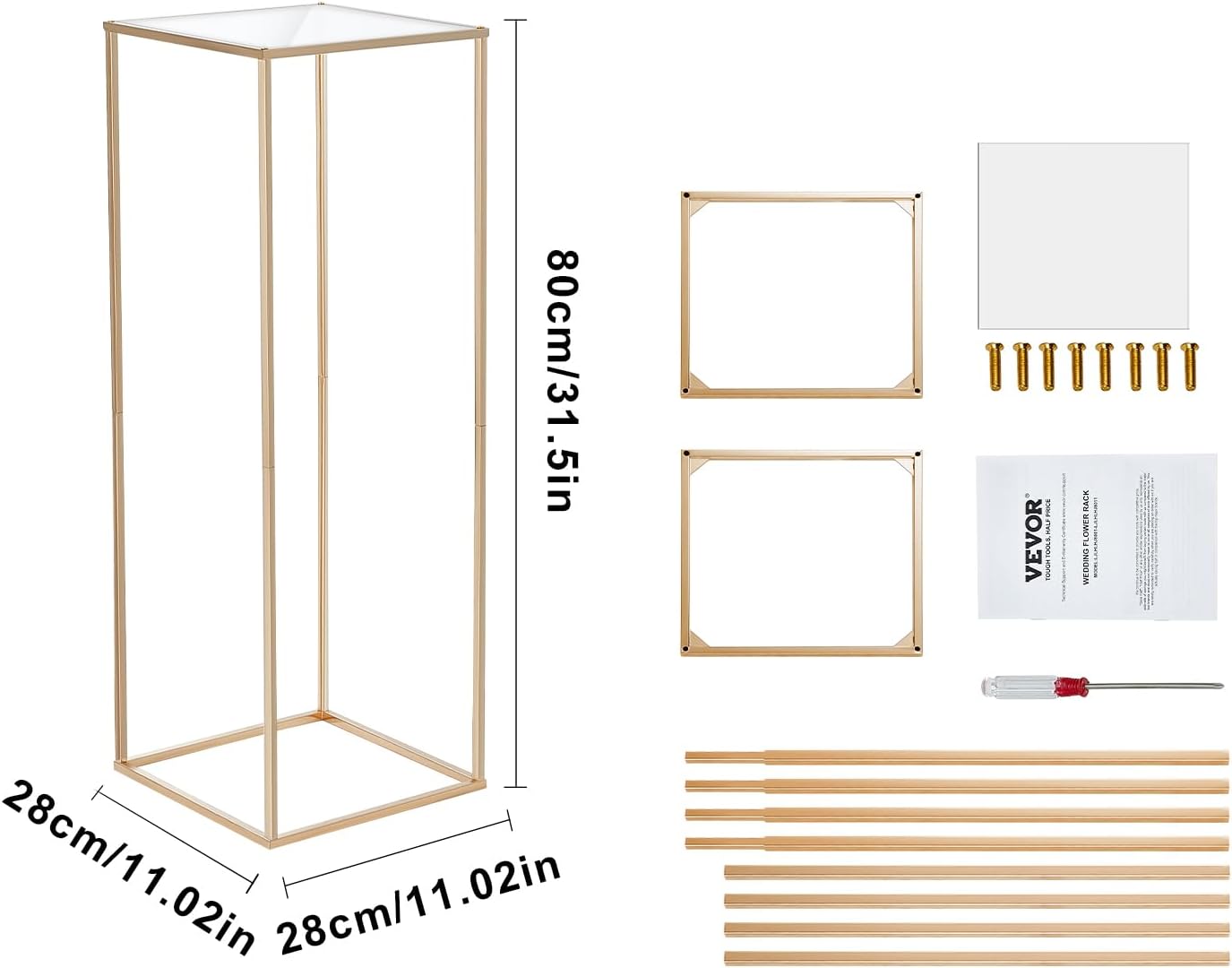 VEVOR 10PCS 31.5inch High Wedding Flower Stand, With Acrylic Laminate,Metal Vase Column Geometric Centerpiece Stands, Gold Rectangular Floral Display Rack for Events Reception, Party Decoration