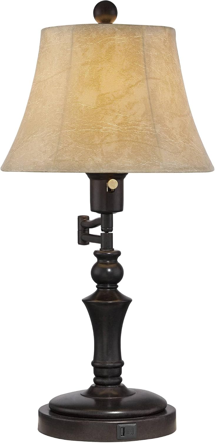 Regency Hill Corey 21.75' High Traditional Natural Cottage Swing Arm Hotel Style Desk Table Lamp with USB Ports A+C Charging Bronze Metal Faux Leather Bell Shade Living Room Bedroom House Bedside