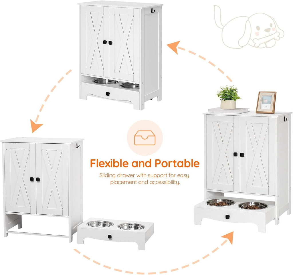 HOOBRO Dog Feeding Station with Feeding Bowls, Pet Organizer Cabinet with Storage and Hooks, Pet Feeding Station with Sliding Drawer and 2 Hidden Bowls for Dog & Cat, White WT12PO03G1